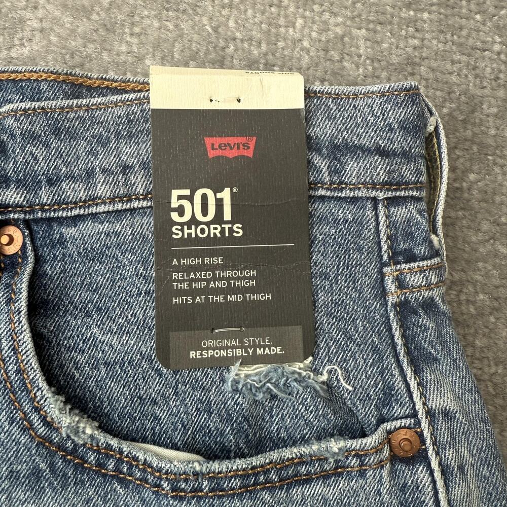 Levis 501 Shorts Womens 34 Blue Button Fly Raw Hem High Rise Relaxed Fit Denim - Picture 2 of 12